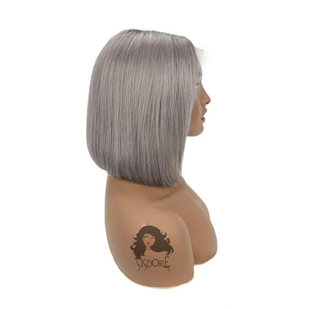 Silver grey human hair wig, short bob lace front wig
