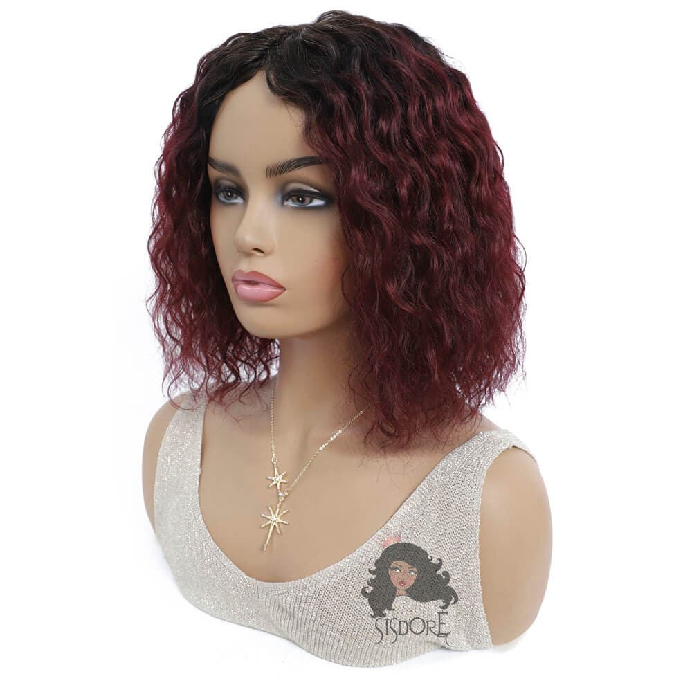 1b 99j dark wine burgundy color curly hair bob wig with black roots #color_1b-99j-curly
