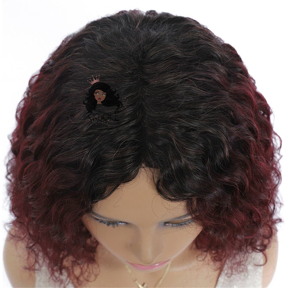 1b 99j dark wine burgundy color curly hair bob wig with black roots #color_1b-99j-curly