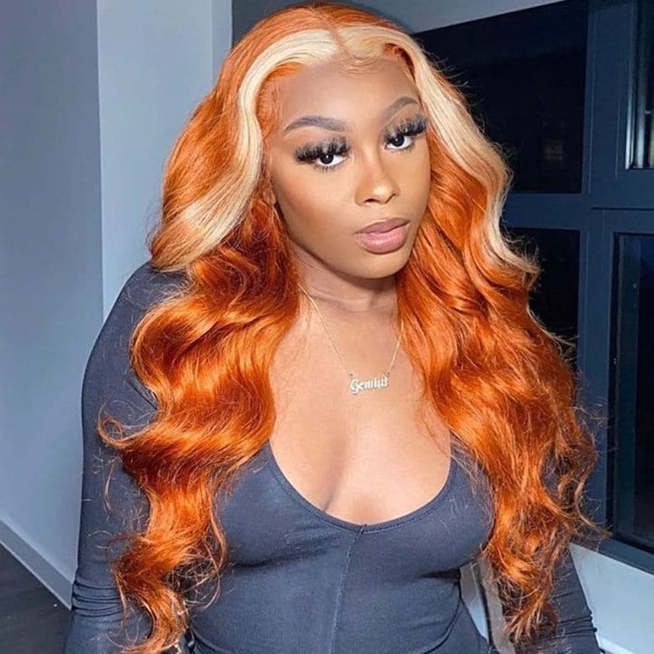 #613/350 Orange With Blonde Highlight Color Body Wave Human Hair Lace Front Wigs