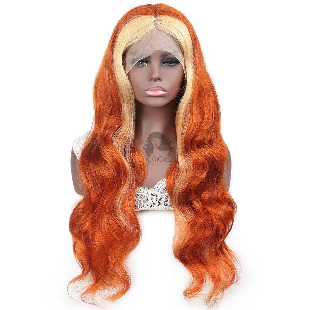 #613/350 Orange With Blonde Highlight Color Body Wave Human Hair Lace Front Wigs