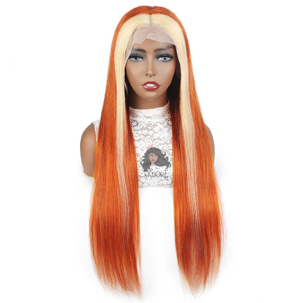 #613/350 Orange With Blonde Highlight Color Straight Human Hair Lace Front Wigs