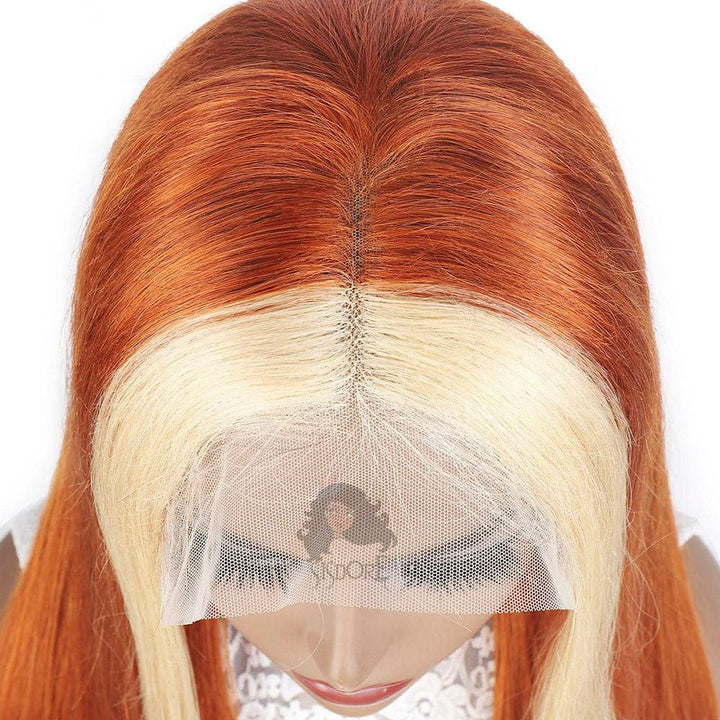 #613/350 Orange With Blonde Highlight Color Straight Human Hair Lace Front Wigs