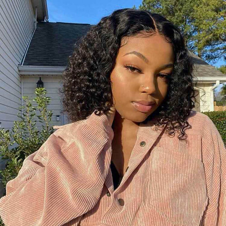 Short black curly bob wig for women