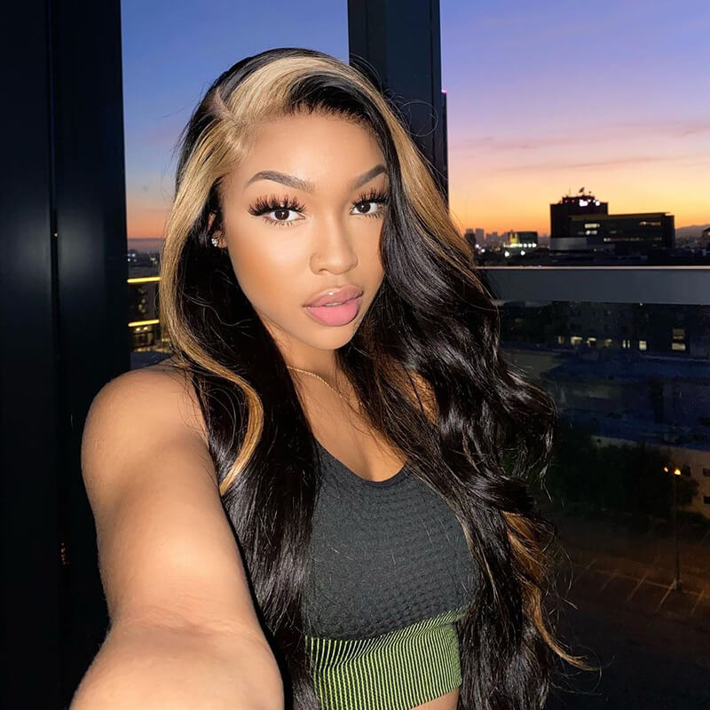 Skunk Stripe Black With Honey Blonde 1b/27 Highlight Colored Body Wave Human Hair Lace Front Wigs