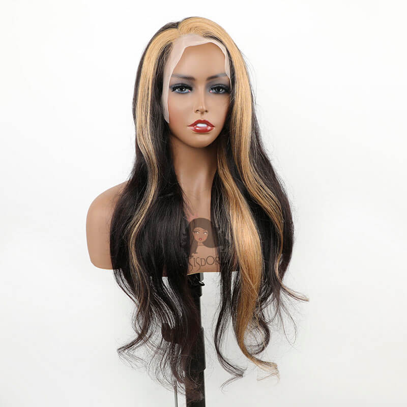 Skunk Stripe Body Wave Wig - Black With Honey Blonde Streaks in front  