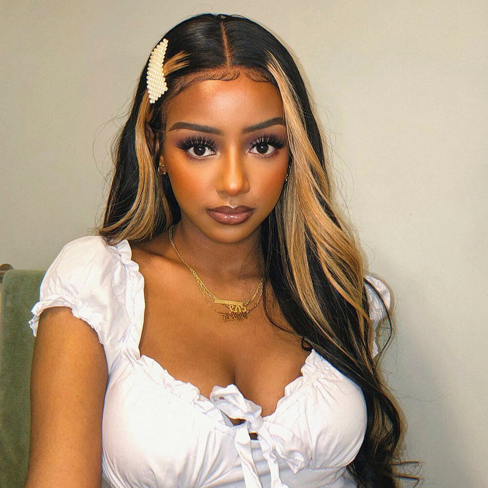 Skunk Stripe Lace Front Wig Black Hair with Honey Blonde Streaks