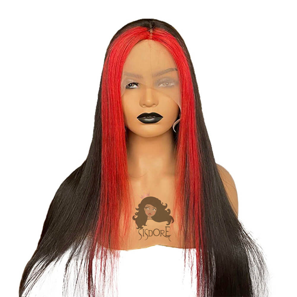 Skunk Stripe Wig with Red Streaks on Black Straight Hair
