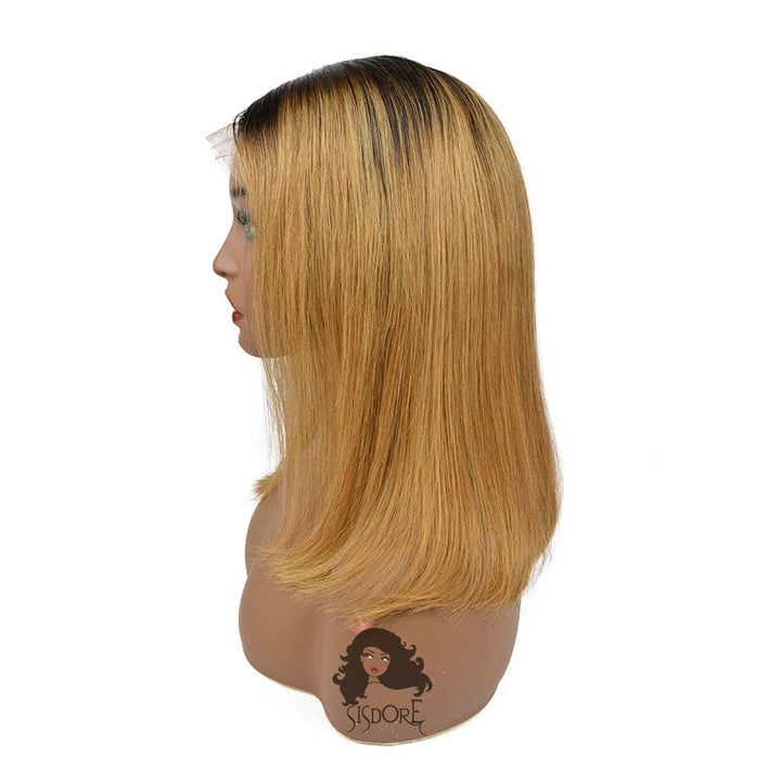 Straight 1B/27 Honey Blonde With Dark Roots Medium Length Bob Lace Front Wig 14 inch