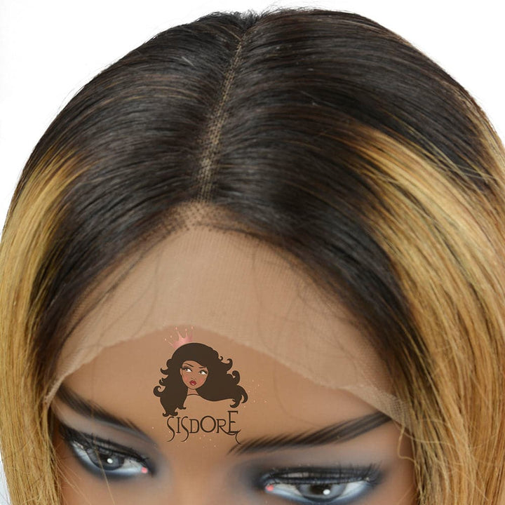 Straight 1B/27 Honey Blonde with Black Roots Short Middle Part Bob Lace Front Wig