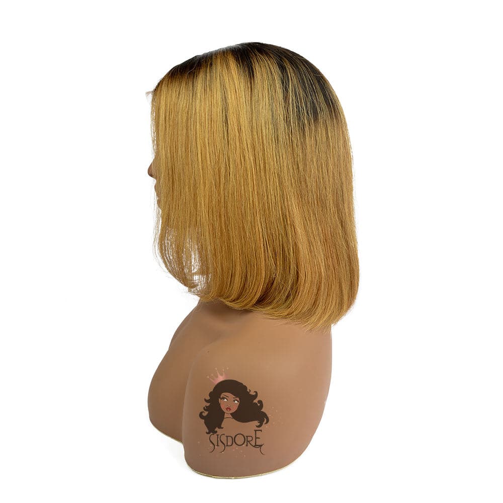 Straight Honey Blonde Bob Wig with Black Roots 10 inch Straight