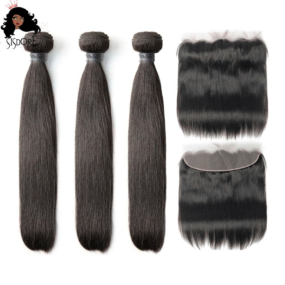 HD lace frontal with 3 bundles straight black human hair