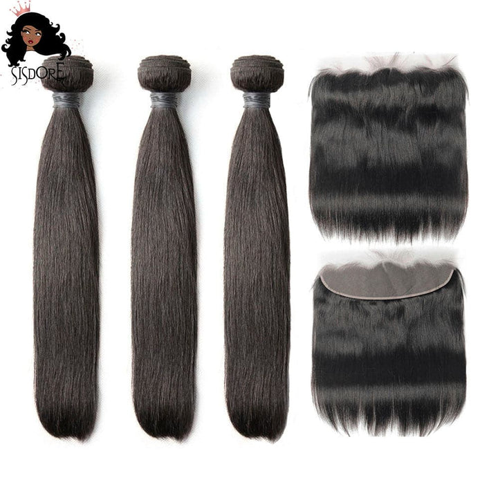 HD lace frontal with 3 bundles straight black human hair