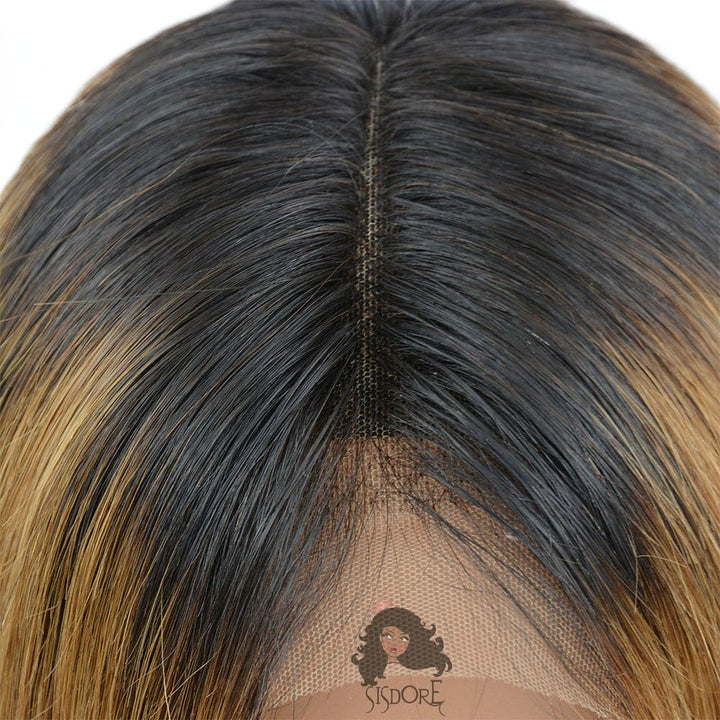 Straight auburn lace front wig with a middle part