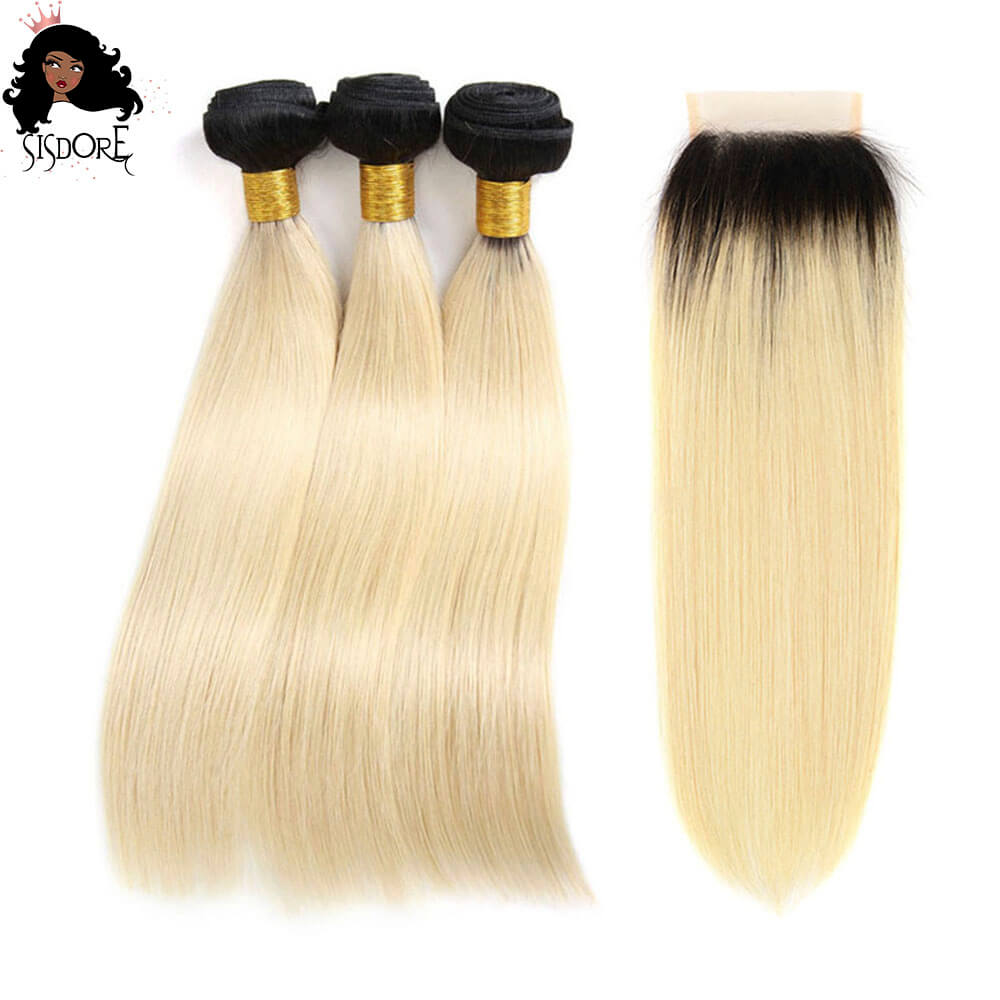 T1b/613 Light Blonde Ombre Hair Bundles with 4x4 Lace Closure Straight
