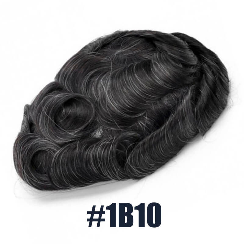 Off Black Hair Mixed with 10% White Color Toupee For Men V-Loop Thin Skin Wig Short Hair Replacement System