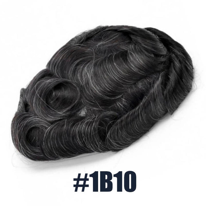 Off Black Hair Mixed with 10% White Color Toupee For Men V-Loop Thin Skin Wig Short Hair Replacement System