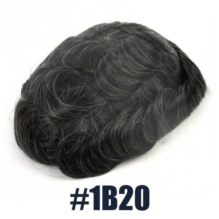 Off Black Hair Mixed with 20% White Color Toupee For Men V-Loop Thin Skin Wig Short Hair Replacement System