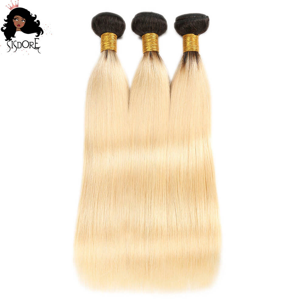 Blonde Straight Human Hair Bundles With Black Roots T1B/613