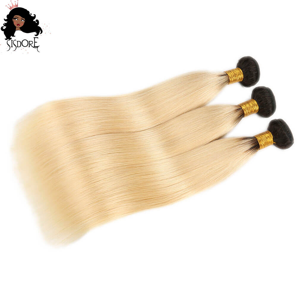 Blonde Straight Human Hair Bundles With Black Roots T1B/613