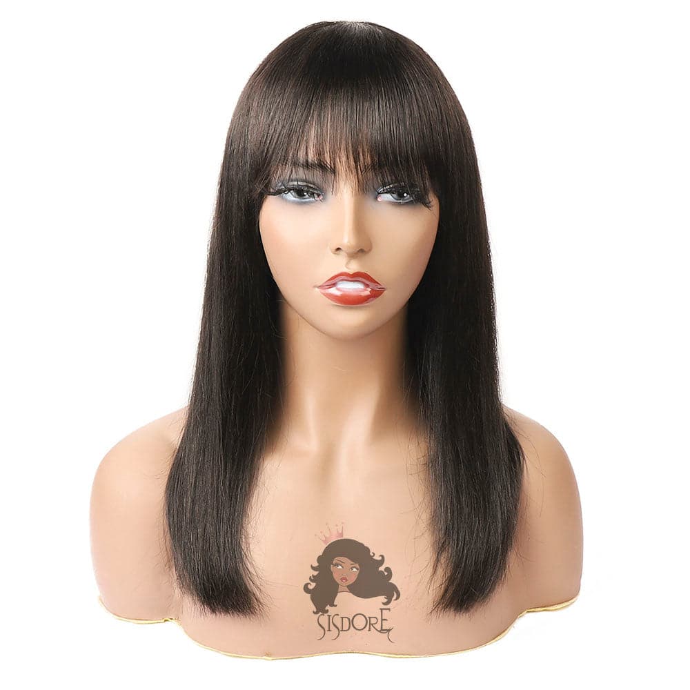 black straight hair lace wig with bangs short 14 inch