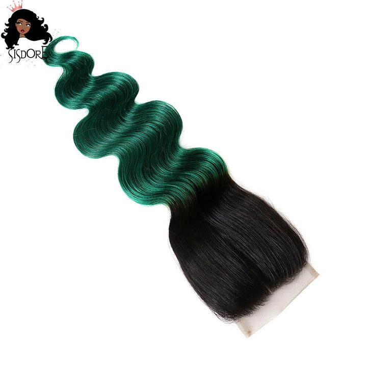 emerald green body wave hair 4*4 lace closure with black roots  