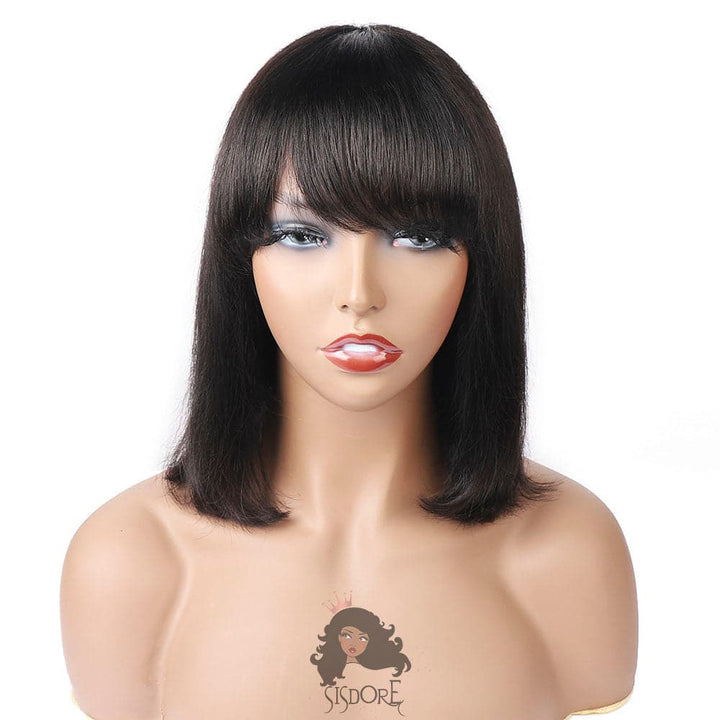 real hair bob wigs with bangs 12 inch