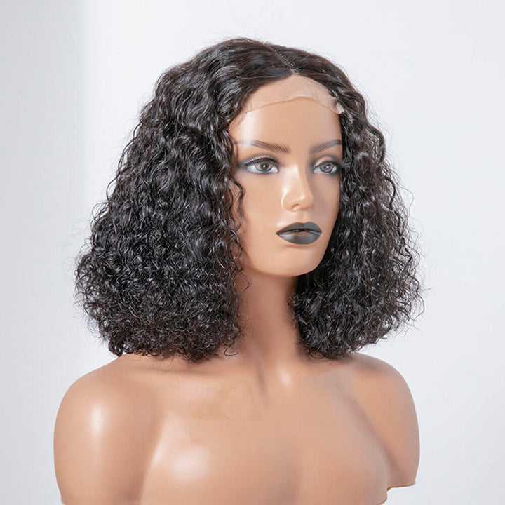 short black curly hair 4x4 closure wig, water wave bob wig